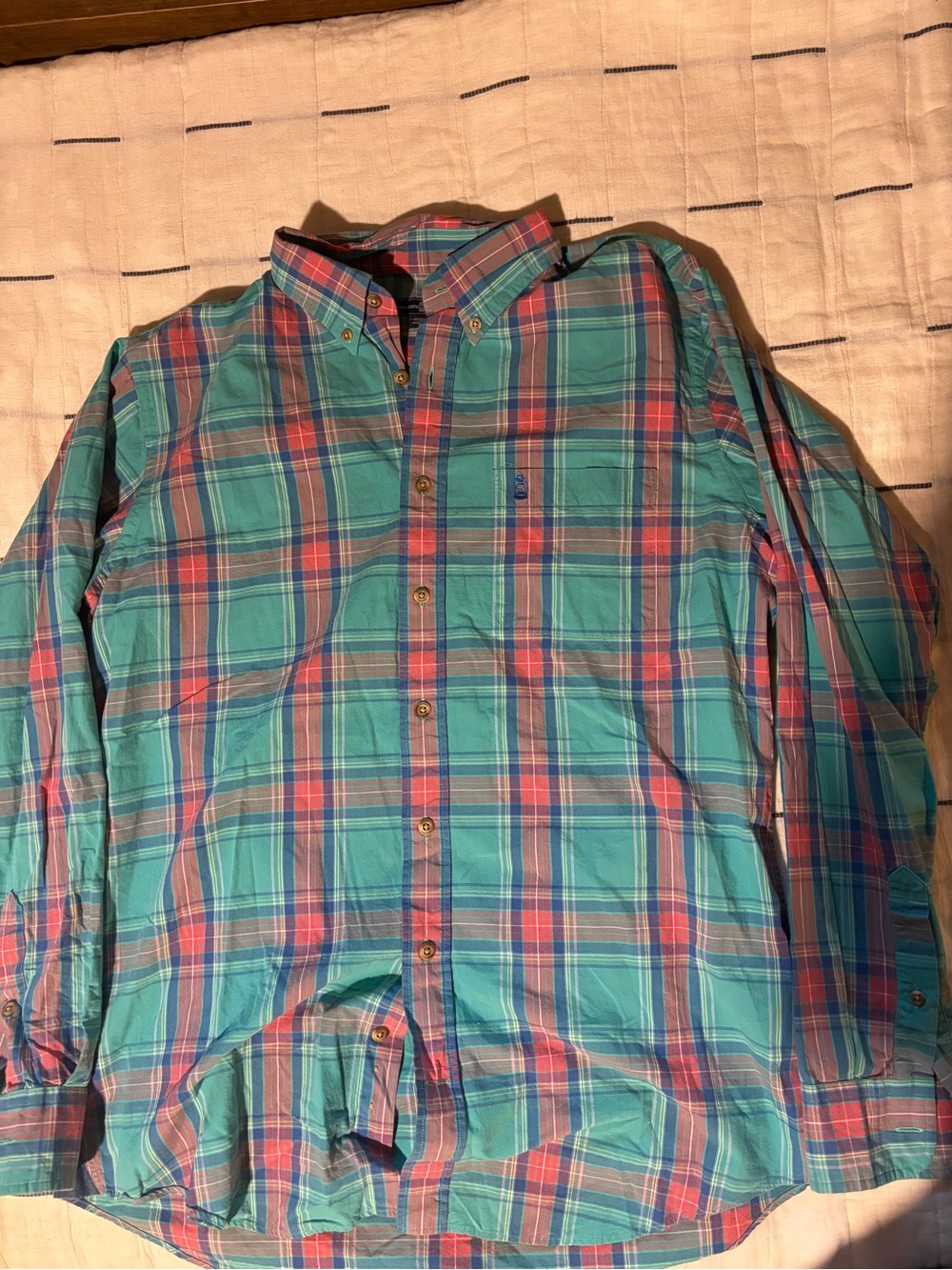 Long-Sleeve Plaid Button-Down Shirt in Teal & Pink